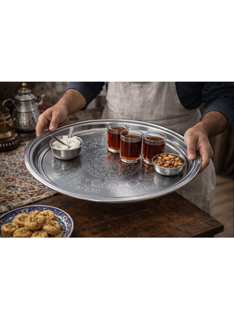 Large Round Stainless Steel Serving Tray with Etched Floral Design - Silver Metal Platter for Tea, Coffee & Dinner - Traditional Arabic Style - Image 2